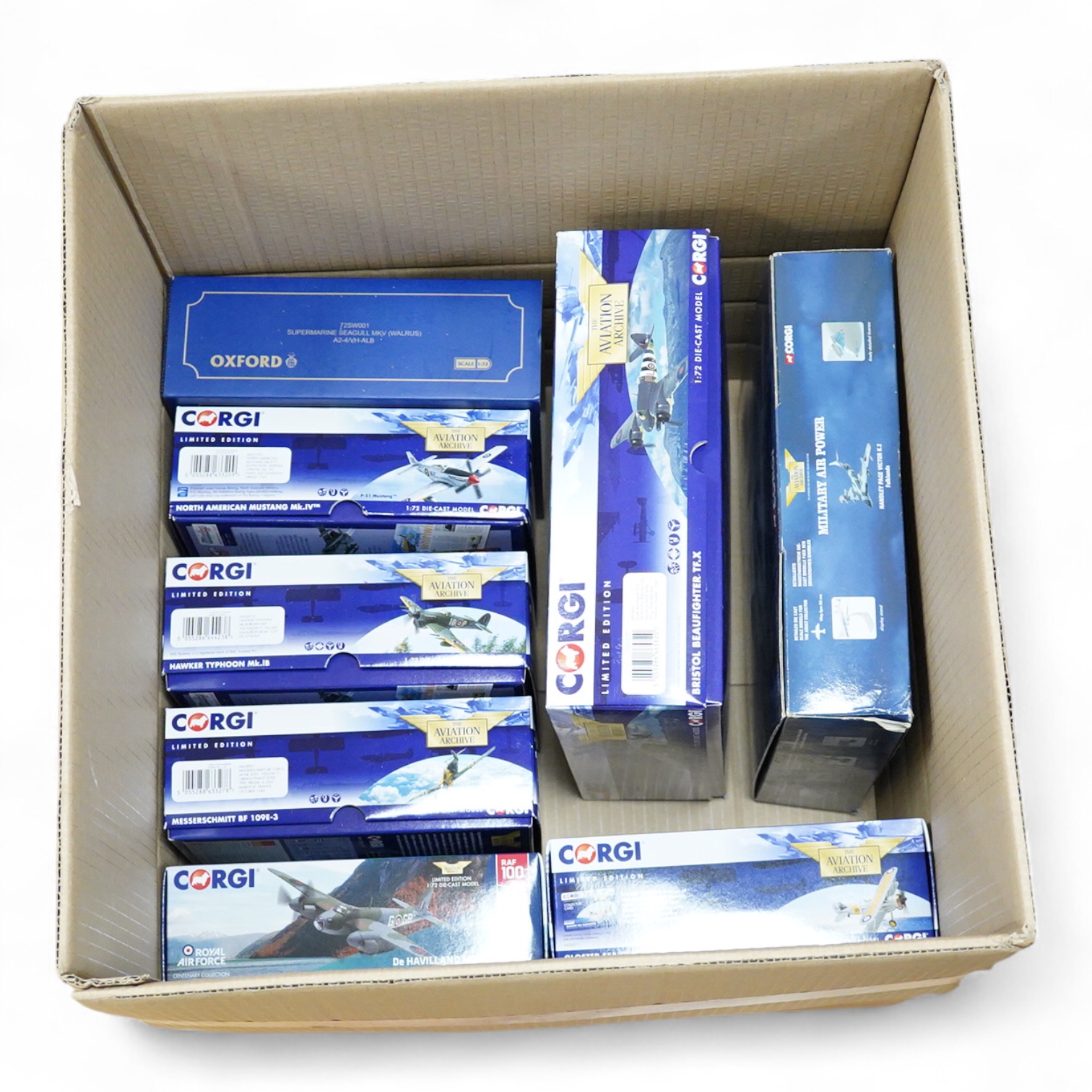 Eight Corgi Aviation Archive and Oxford Diecast aircraft, most in 1:72 scale; Bristol Beaufighter TF.X, Handley Page Victor K.2, Gloster Sea Gladiator, DeHavilland Mosquito B.IV, Messerschmitt BF 109E-3, Hawker Typhoon M